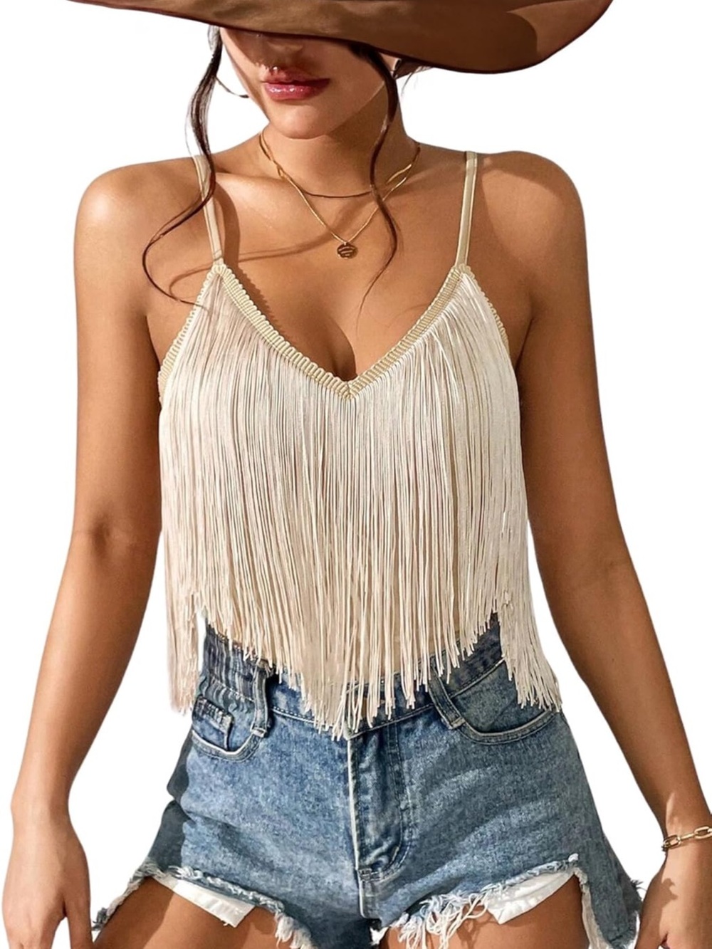 Fringe V-Neck Spaghetti Strap Crop Top - Cream